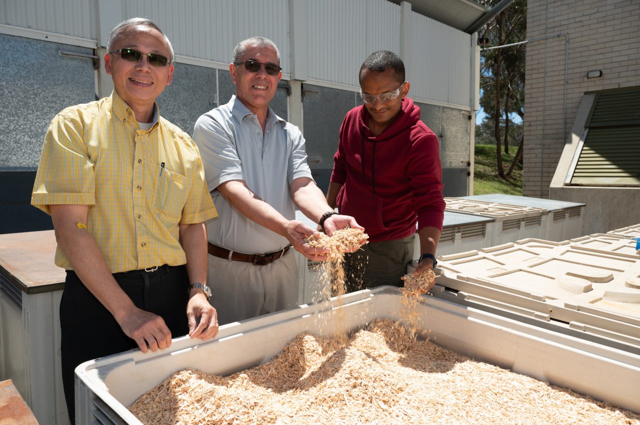 Researchers examine the wood chips used to make the geopolymer blocks.